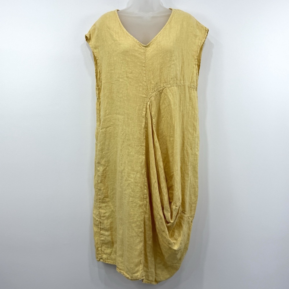 Ellamoda 100% Linen Dress L Butter Yellow Lagenlook Draped Lagom Beachy Cruise